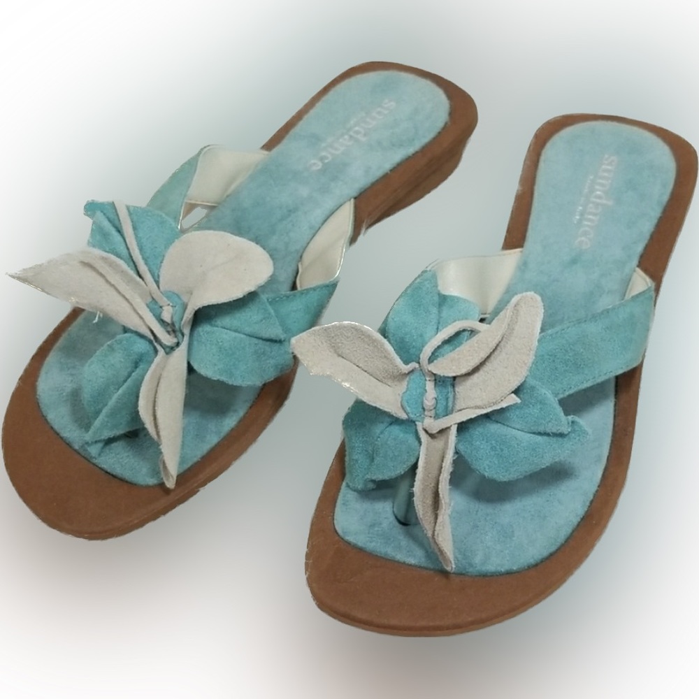 SUNDANCE Flowered Leather Aqua Blue Sandals (EU sz 38) NWOT